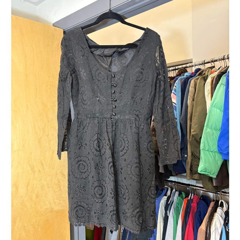 VINTAGE 70s Mini Dress Womens Black Floral Lace Long Sleeve Whimsigoth Small